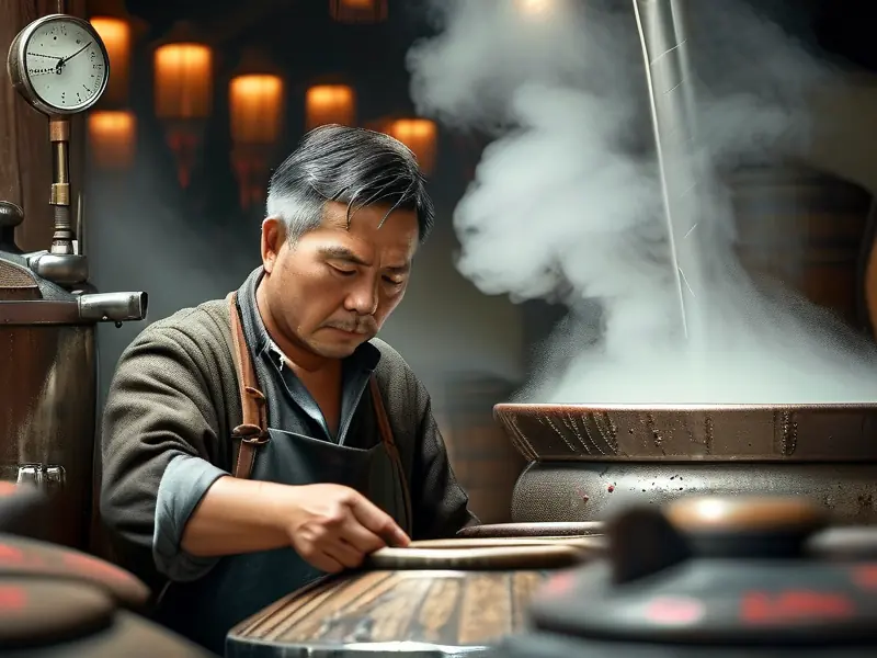 酿酒师操作蒸馏设备提纯白酒