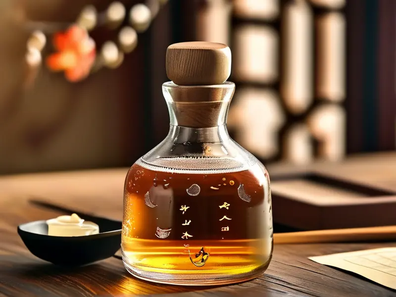 一杯清澈的中国白酒，表面有酒花形成，背景是传统文房四宝，光线柔和突出酒体