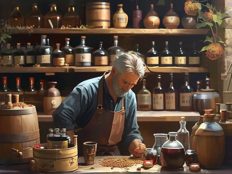 酿酒师调配补酒的过程
