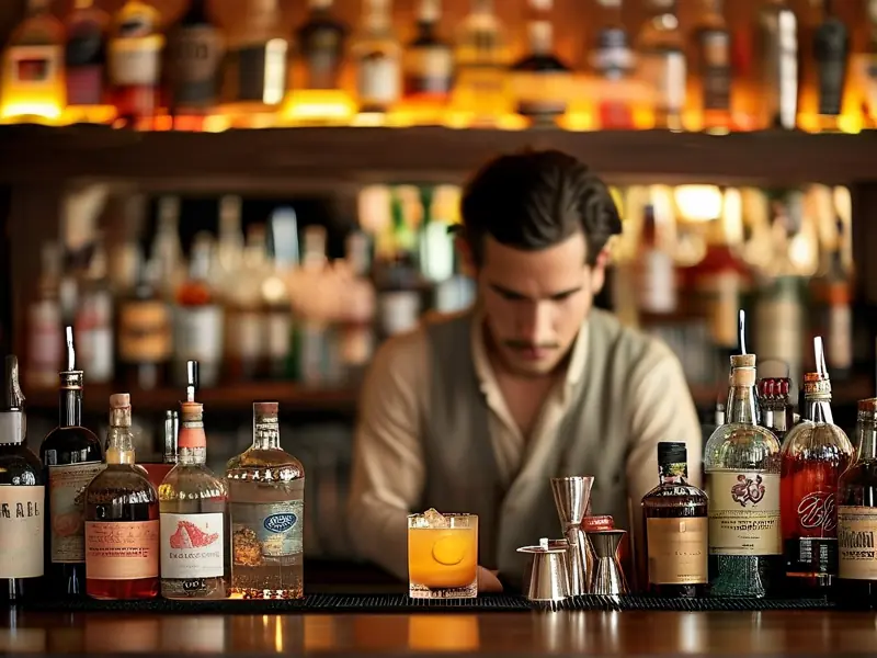 专业调酒师在吧台调制鸡尾酒