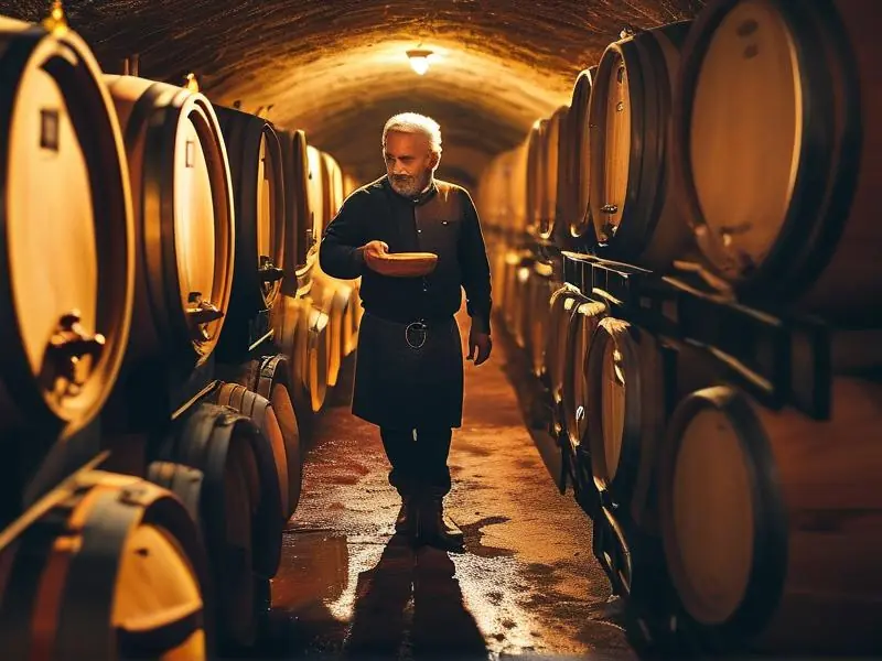 酿酒师在地窖中检查酒缸