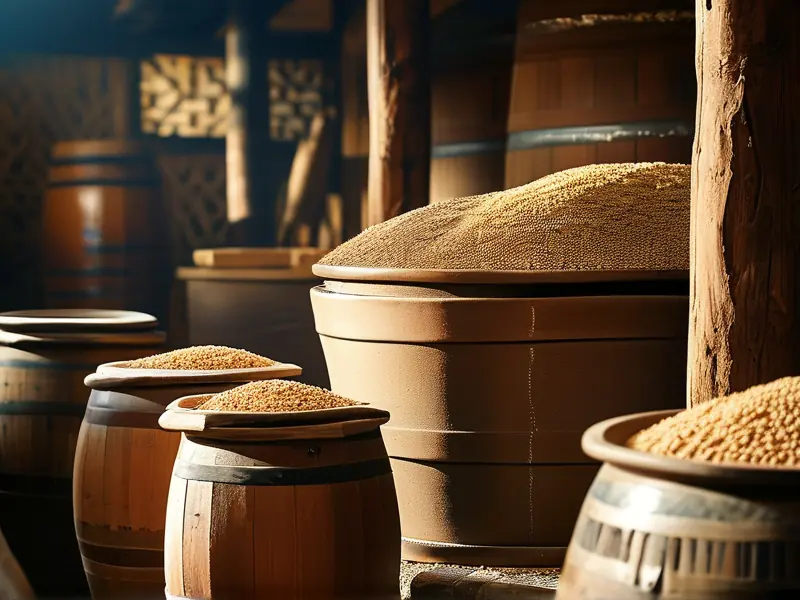 古代酿酒师使用传统工具进行谷物发酵的场景