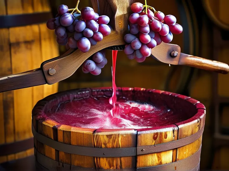 红葡萄压榨过程，传统酿酒工艺展示