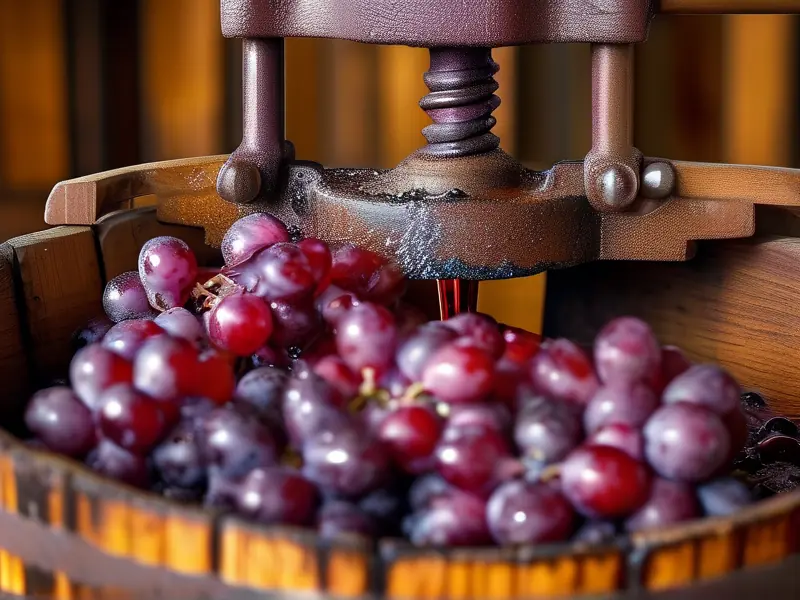 红葡萄酒酿制过程中的葡萄压榨场景