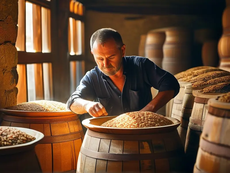酿酒师在窖池中检查酱香型白酒的发酵情况