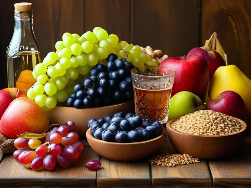 酿酒原料展示：大麦、大米、葡萄和苹果等