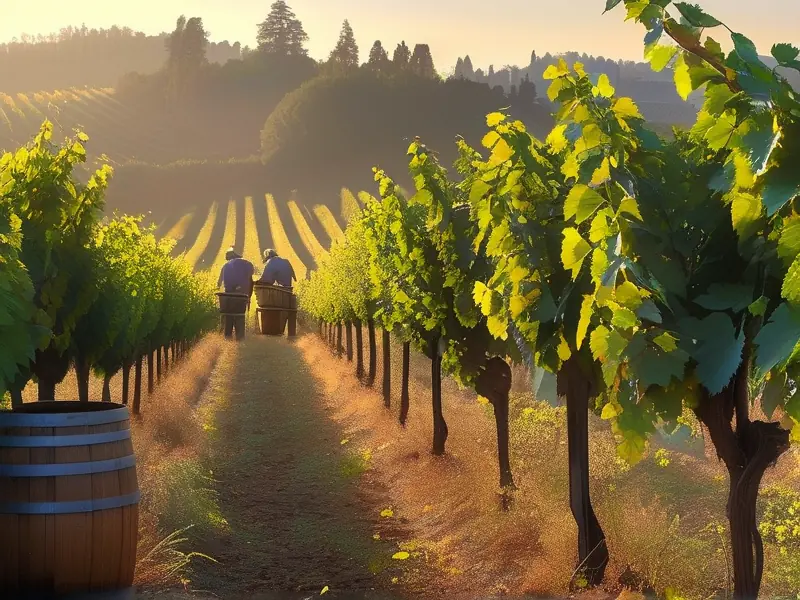 酒庄工人在葡萄园采摘葡萄的晨光场景