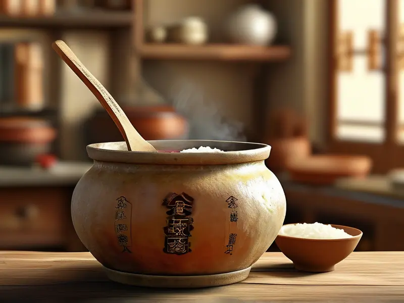传统糯米红酒制作过程：蒸熟的糯米与酒曲在陶罐中混合