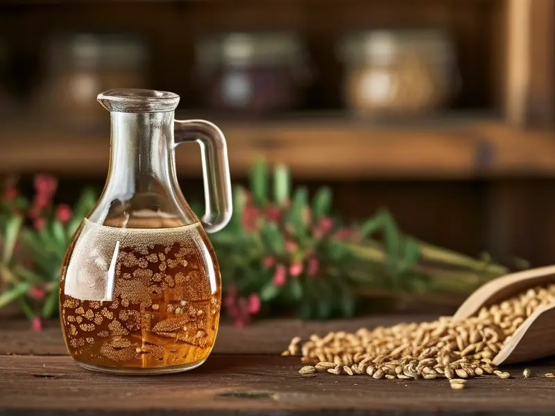 酿酒发酵过程特写，展示酵母在玻璃罐中的活跃状态