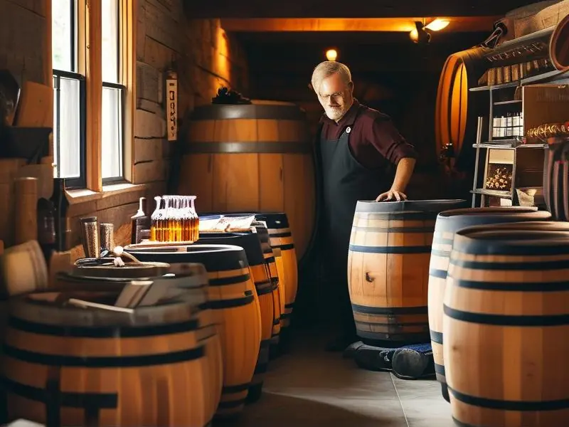 酿酒师在酒窖中检查发酵桶中的酒液