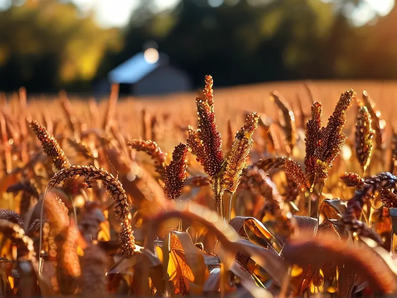 成熟高粱田地与酿酒作坊远景