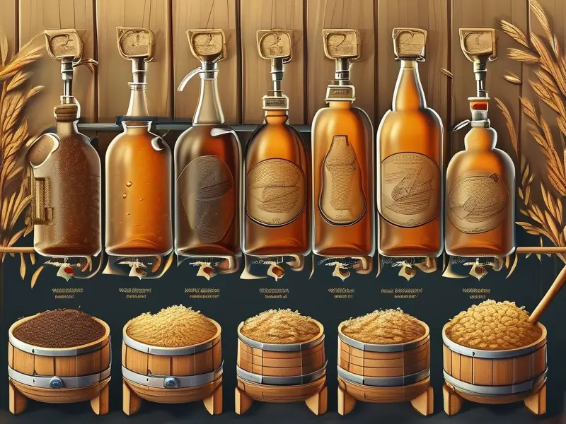 啤酒酿造过程图解，展示从麦芽到成品的完整步骤