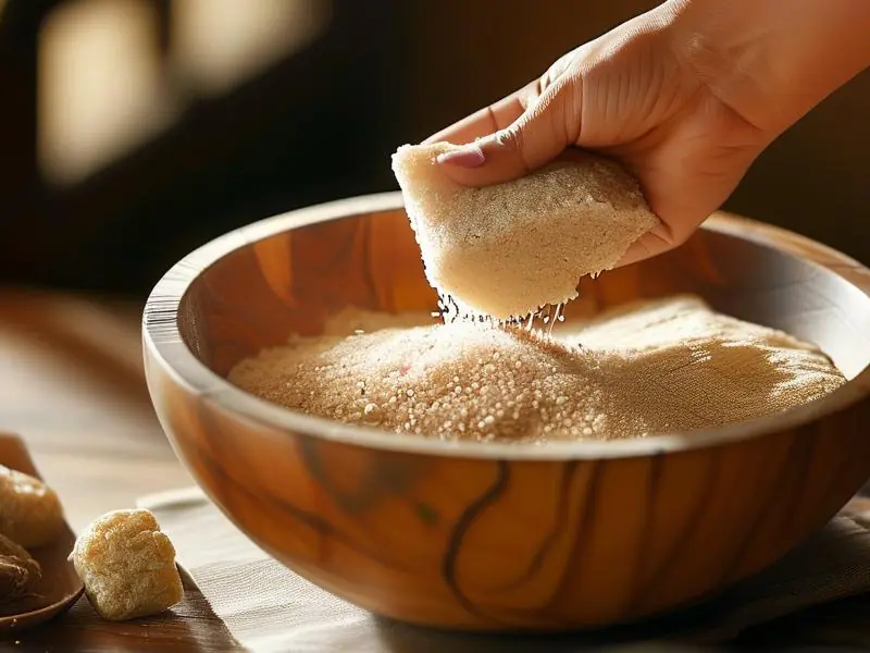 手工制作甜酒曲的原料混合过程实拍图