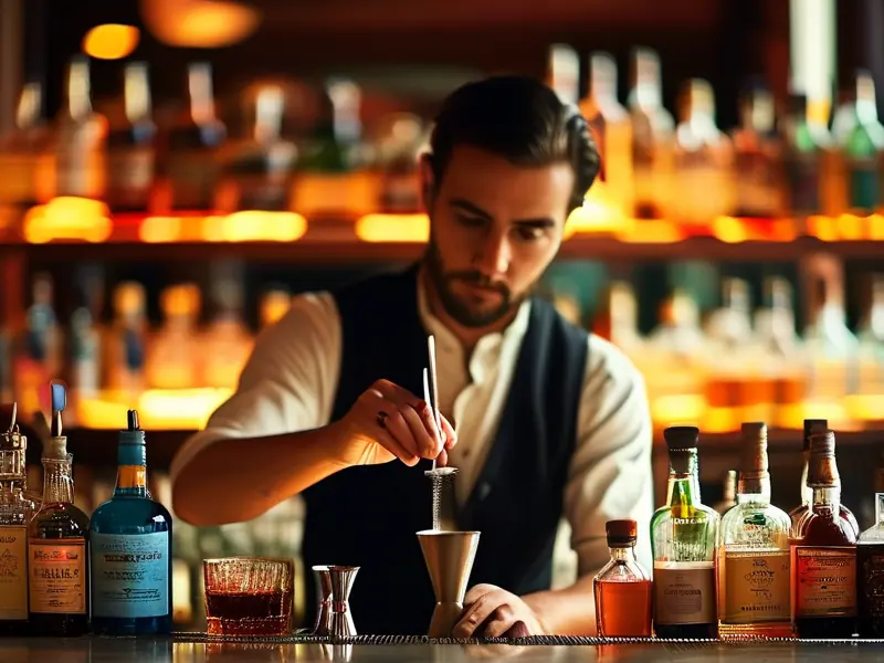专业调酒师在酒吧调制鸡尾酒