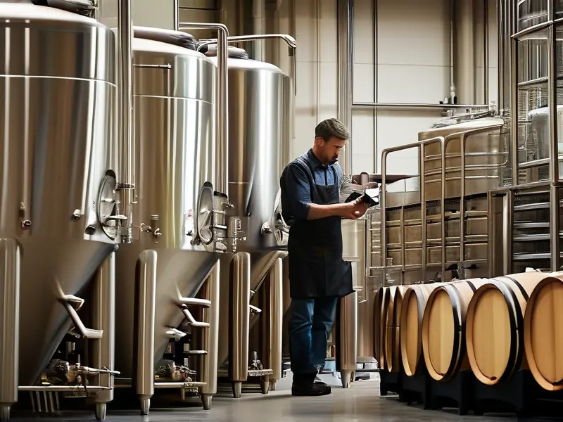 专业酿酒师检查不锈钢酿酒设备