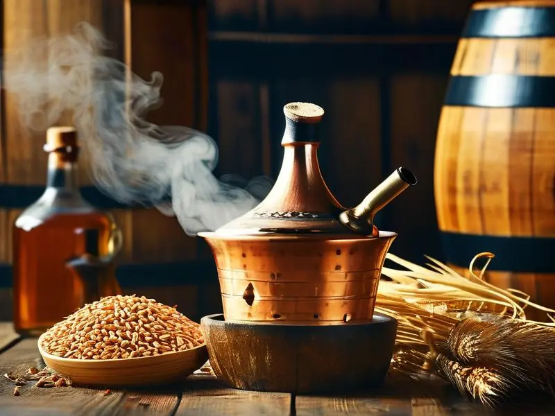 传统铜制蒸馏器蒸馏酒液过程实拍