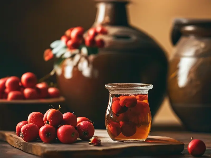 传统工艺酿造中的山楂果酒特写