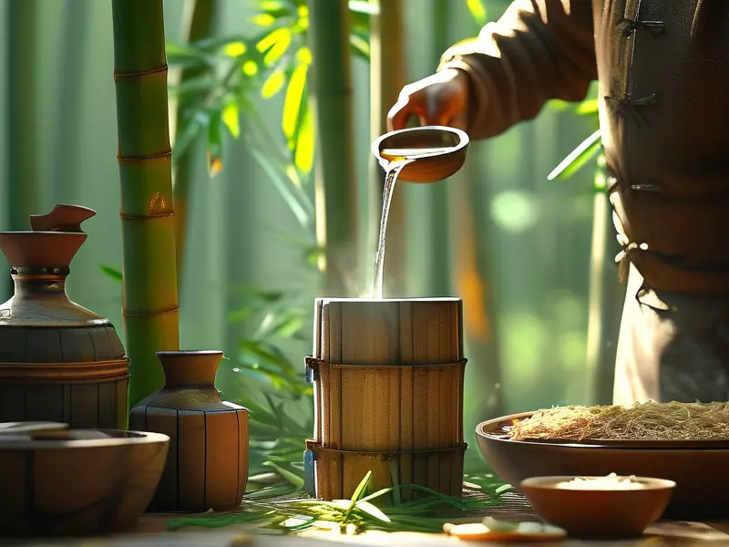 传统竹子酒酿造过程实拍