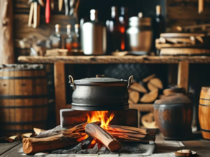 自制柴火酿酒设备工作场景