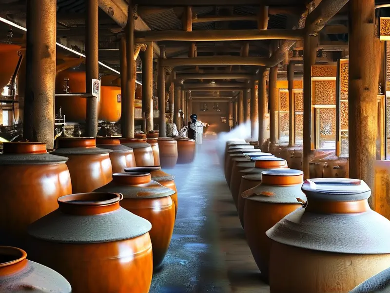 传统白酒酿造工艺现场，工人正在检查发酵过程