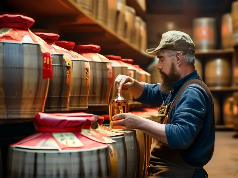 专业酿酒师在传统酒厂中精心勾兑不同类型的白酒