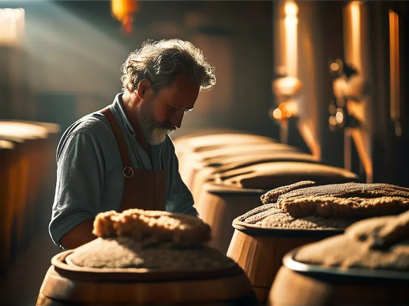 酿酒师检查酒醅的白酒酿造工考试实操场景