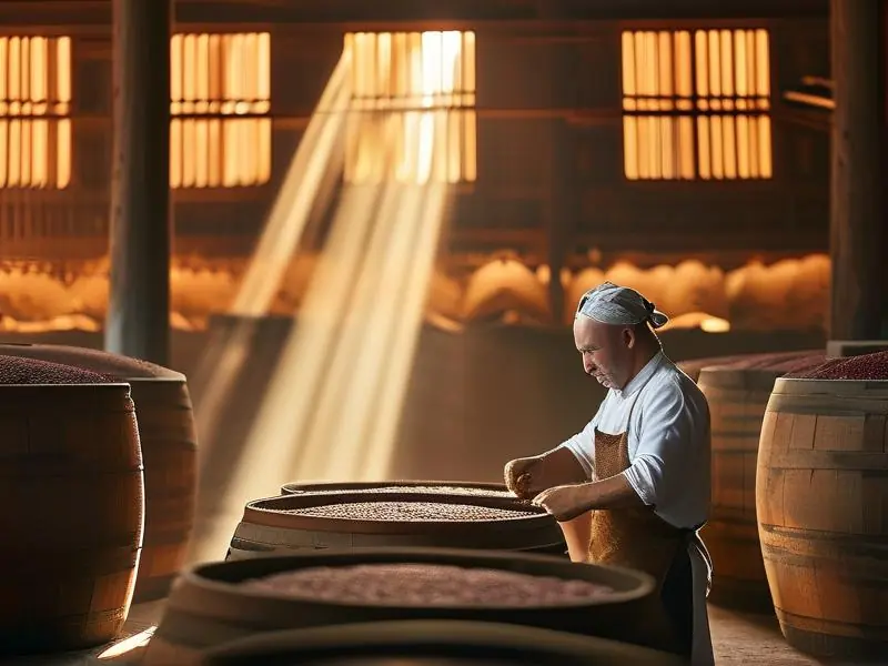白酒酿造师在传统酿酒车间工作场景