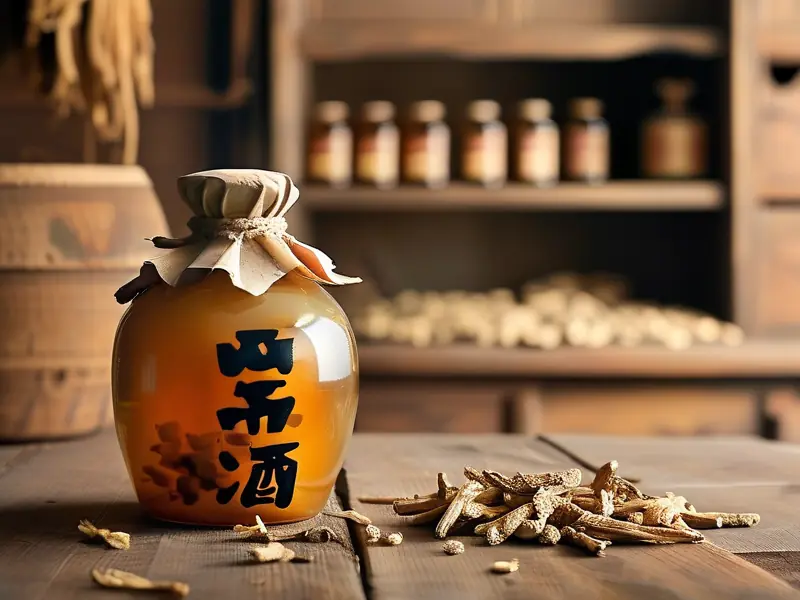 传统川芎酒成品与原料展示