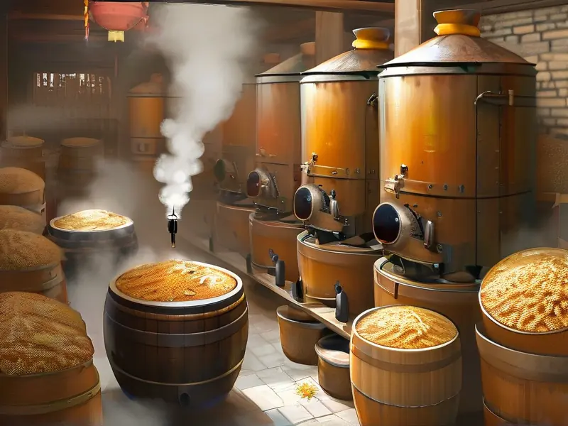 传统高粱酒酿造过程：蒸煮高粱和发酵的场景