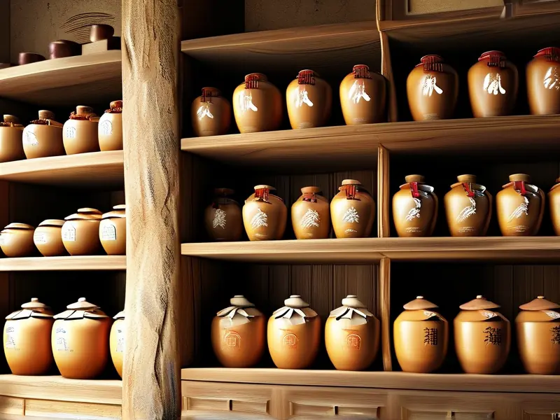 传统窖藏酒窖内景，展示陶罐储存的纯粮酿造酒
