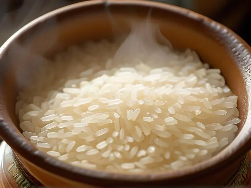 大米与酵母在陶罐中混合的生料酿酒初始阶段