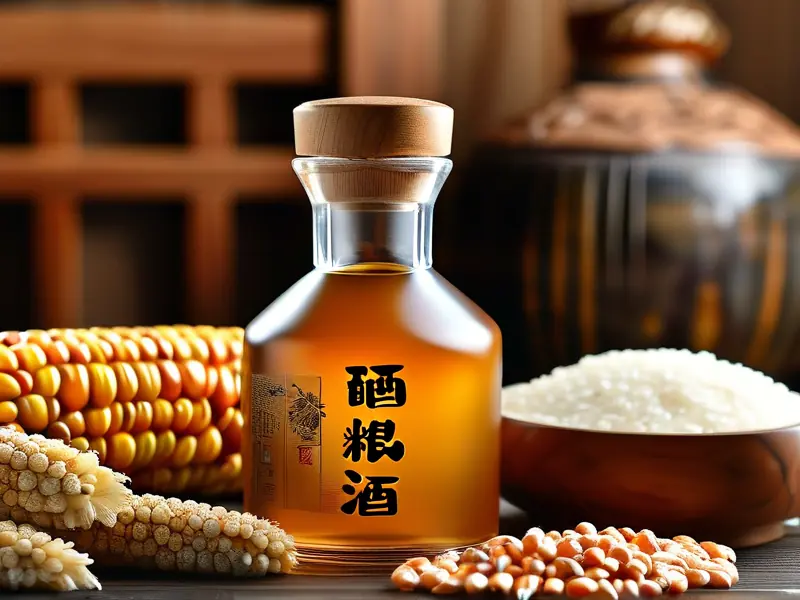 高粱玉米糯米三粮酒成品与原料展示