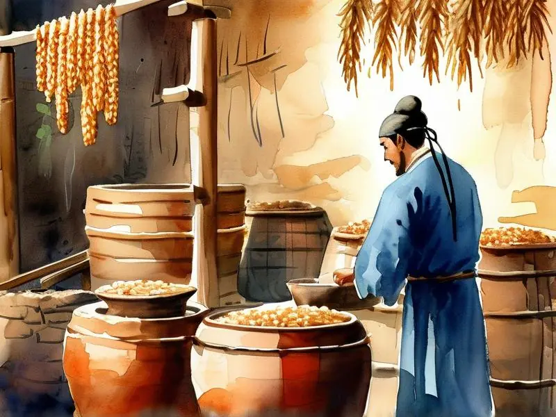 古代工匠使用传统工具酿制米酒的生动场景