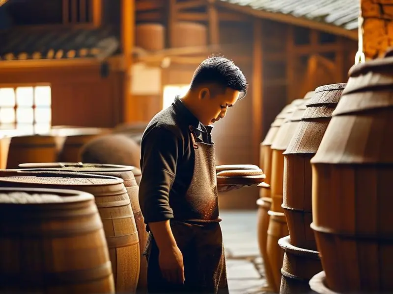 贵州酿酒师检查酒醅的专业场景