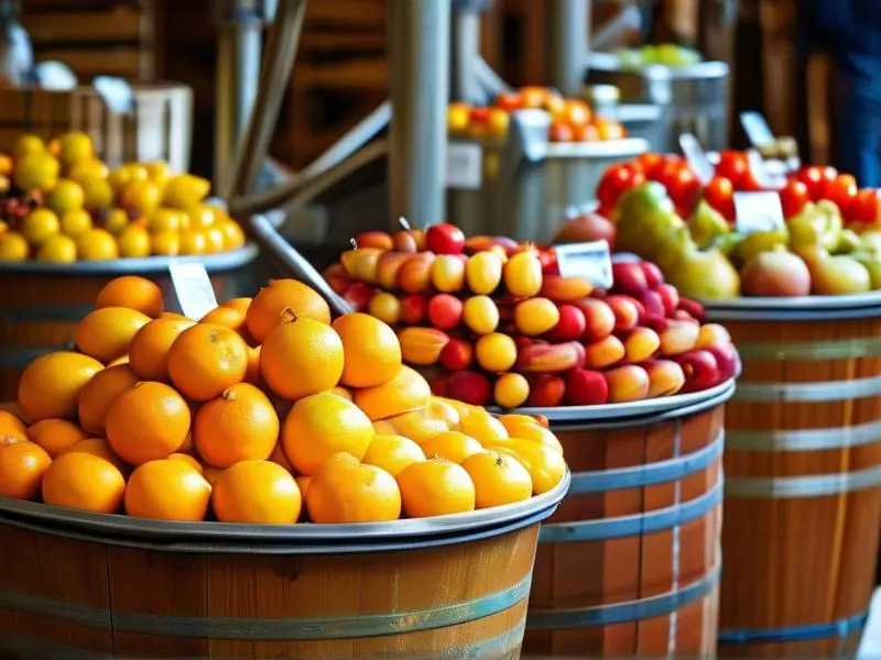 果酒酿造过程展示：多种水果与发酵设备