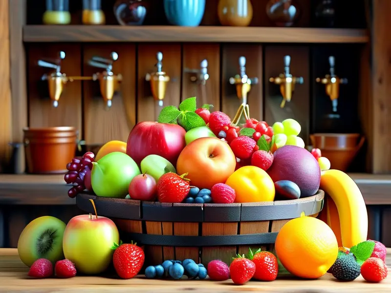 各种新鲜水果在木桶中发酵制作果酒的过程