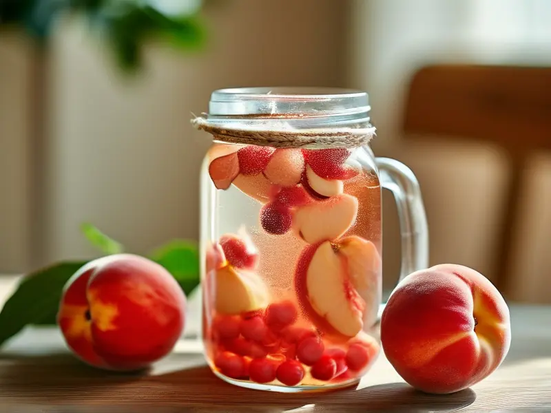 红桃k果实与白酒在玻璃罐中浸泡的特写