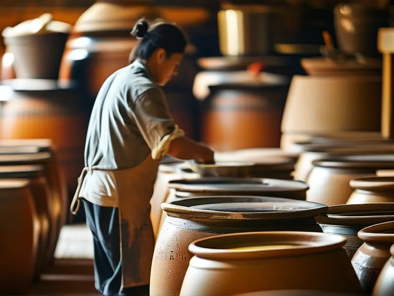 酿酒师在陶缸中搅拌黄酒原料