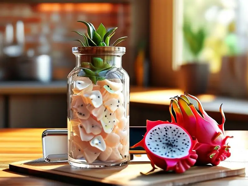 火龙果切片与白酒浸泡在玻璃罐中，旁边手机播放制作视频