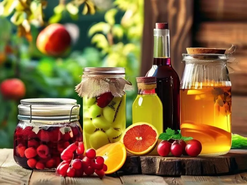 多种新鲜水果在玻璃罐中发酵制作水果酒的初期阶段