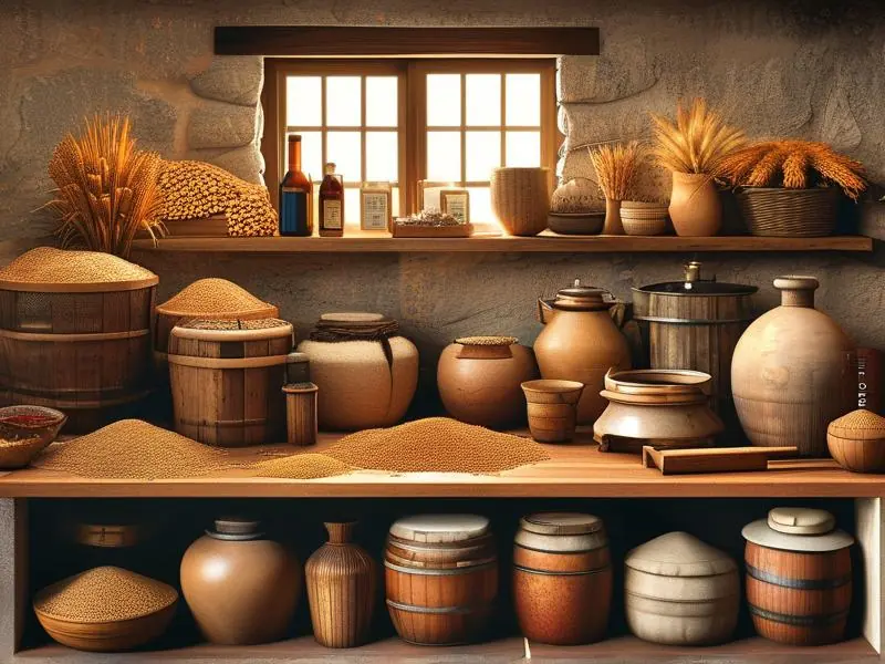 酱香酒制作材料全景图：高粱、小麦、酒曲及传统酿酒工具