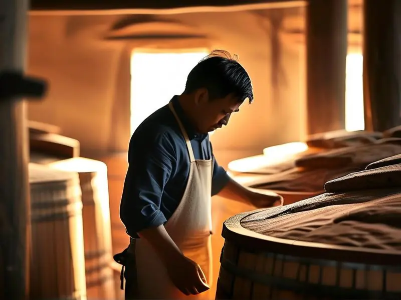 酿酒师检查酱香型白酒发酵过程