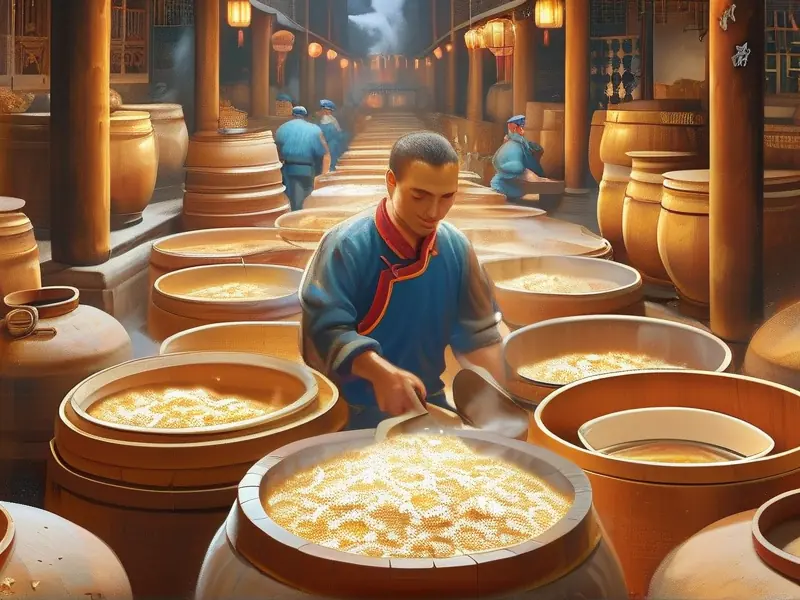 传统酱香型白酒酿造车间，工人正在蒸煮高粱和小麦