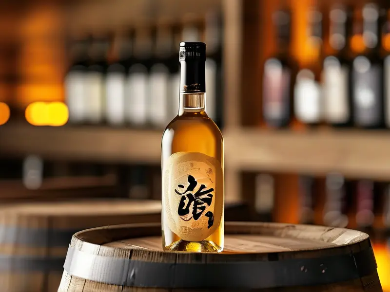 金酿白酒展示在酒架上,年份标签清晰可见