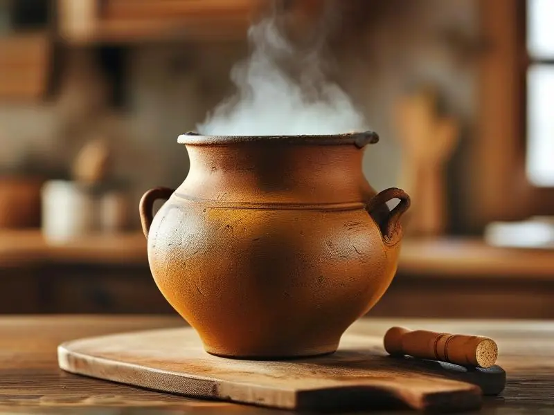 传统陶瓷罐中新鲜制作的酒槽，蒸汽上升，谷物可见，放置在 rustic 厨房的木桌上