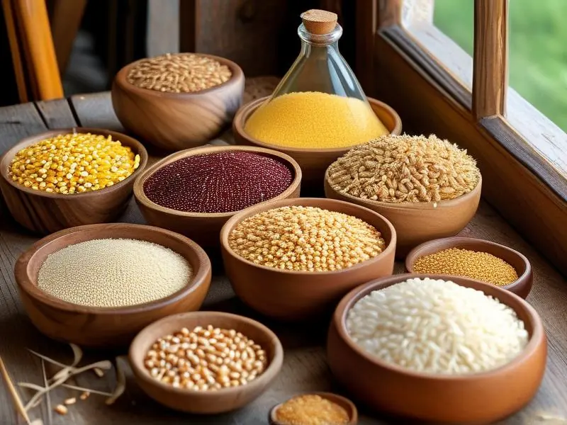 不同酿酒粮食展示：高粱、大米、小麦和玉米