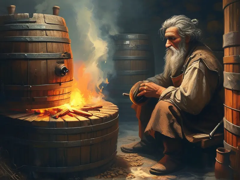 传统酿酒师烤制酒液的场景