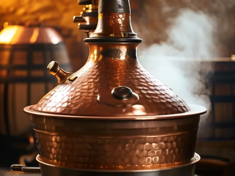 专业酿酒师使用铜制蒸馏器进行酒提纯操作
