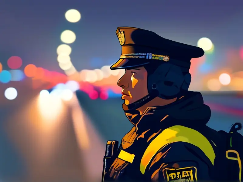 交警夜间对驾驶员进行酒精测试