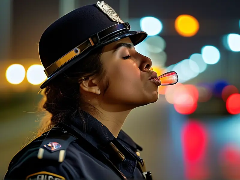 警察对驾驶员进行酒驾吹气检测